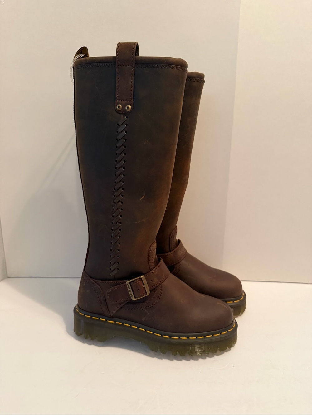 NWT Dr. Martens Anistone Brown Tall Harness Boots with Yellow Stitching - Picture 11 of 11